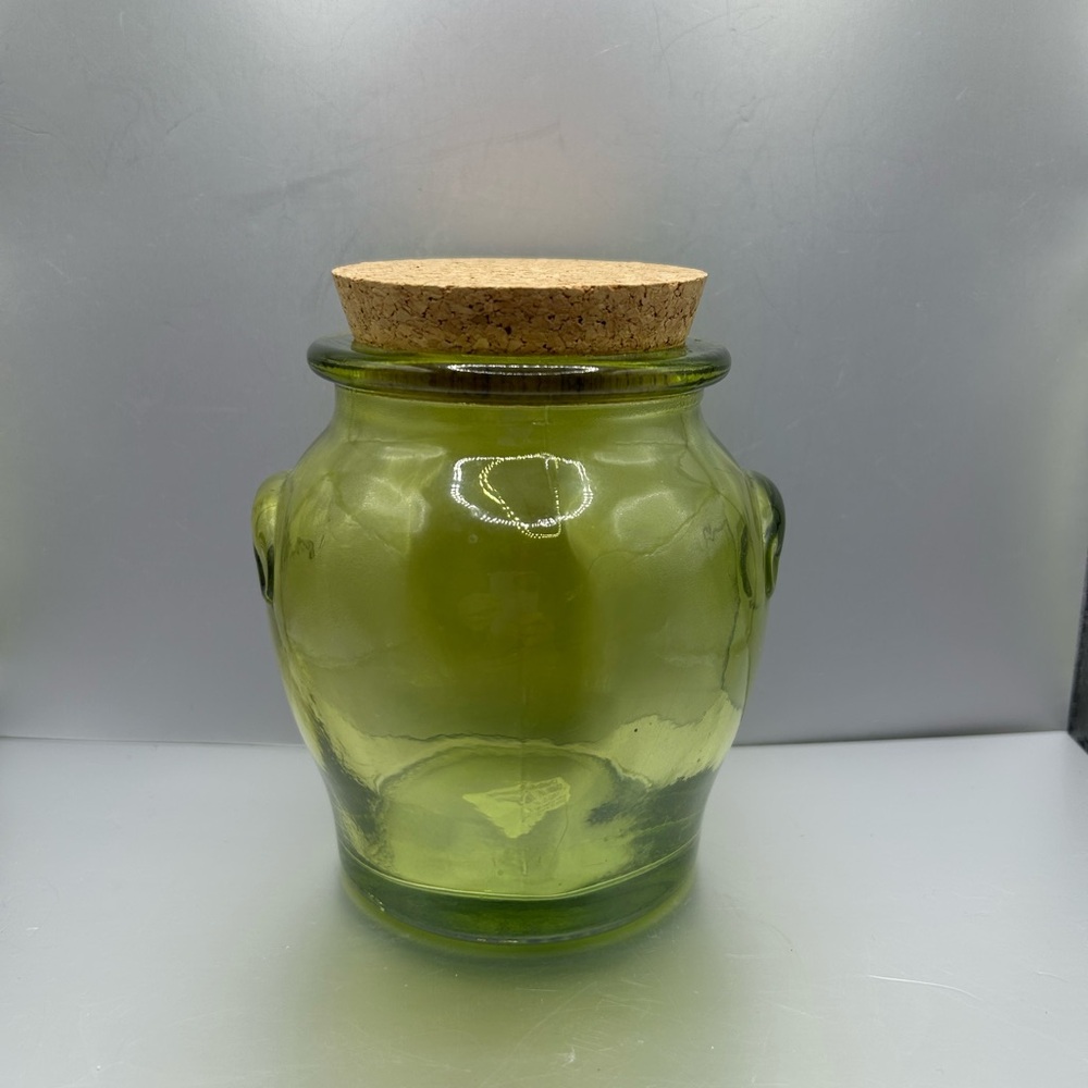 Crate & Barrel Recycled Green Glass Canisters Jar with Cork Stopper